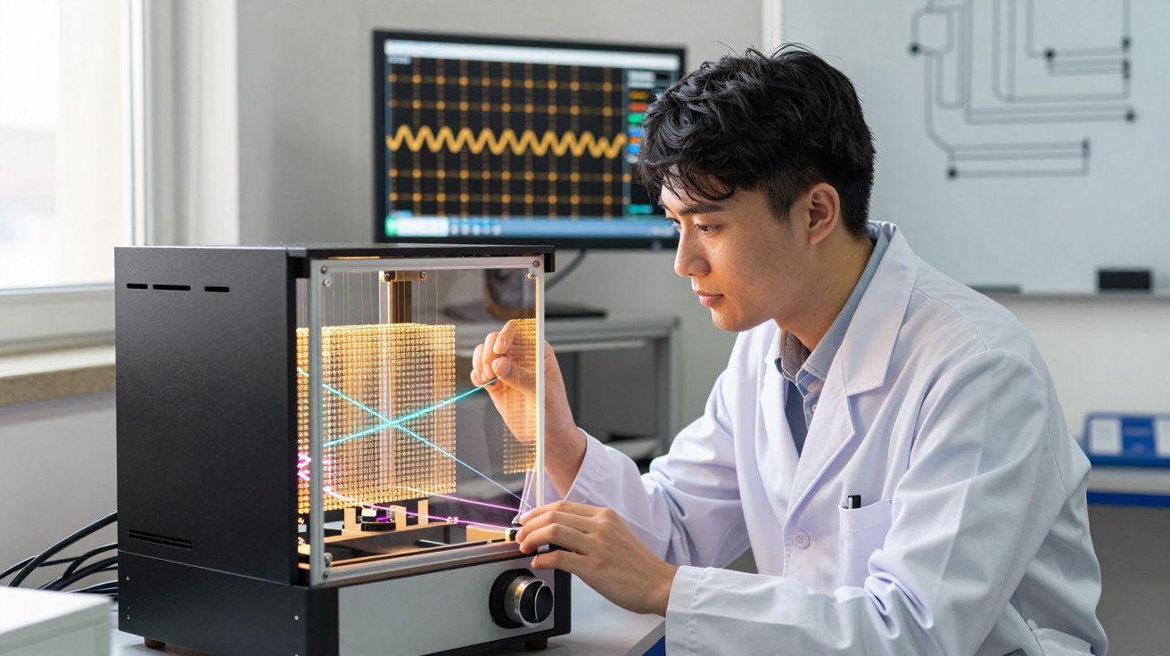 Cientista em bata branca ajusta dispositivo tecnológico com luzes coloridas num laboratório moderno.