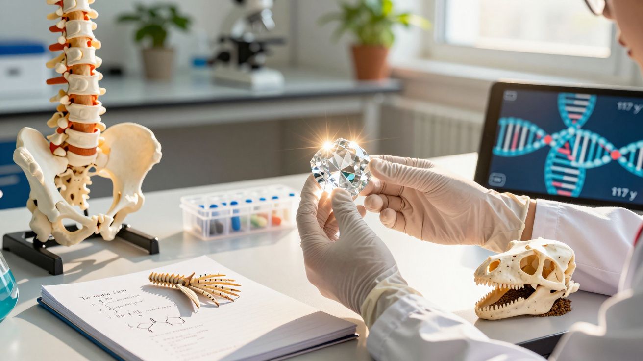 Investigador com luvas a segurar um brilho de cristal numa mesa com esqueletos e material científico.