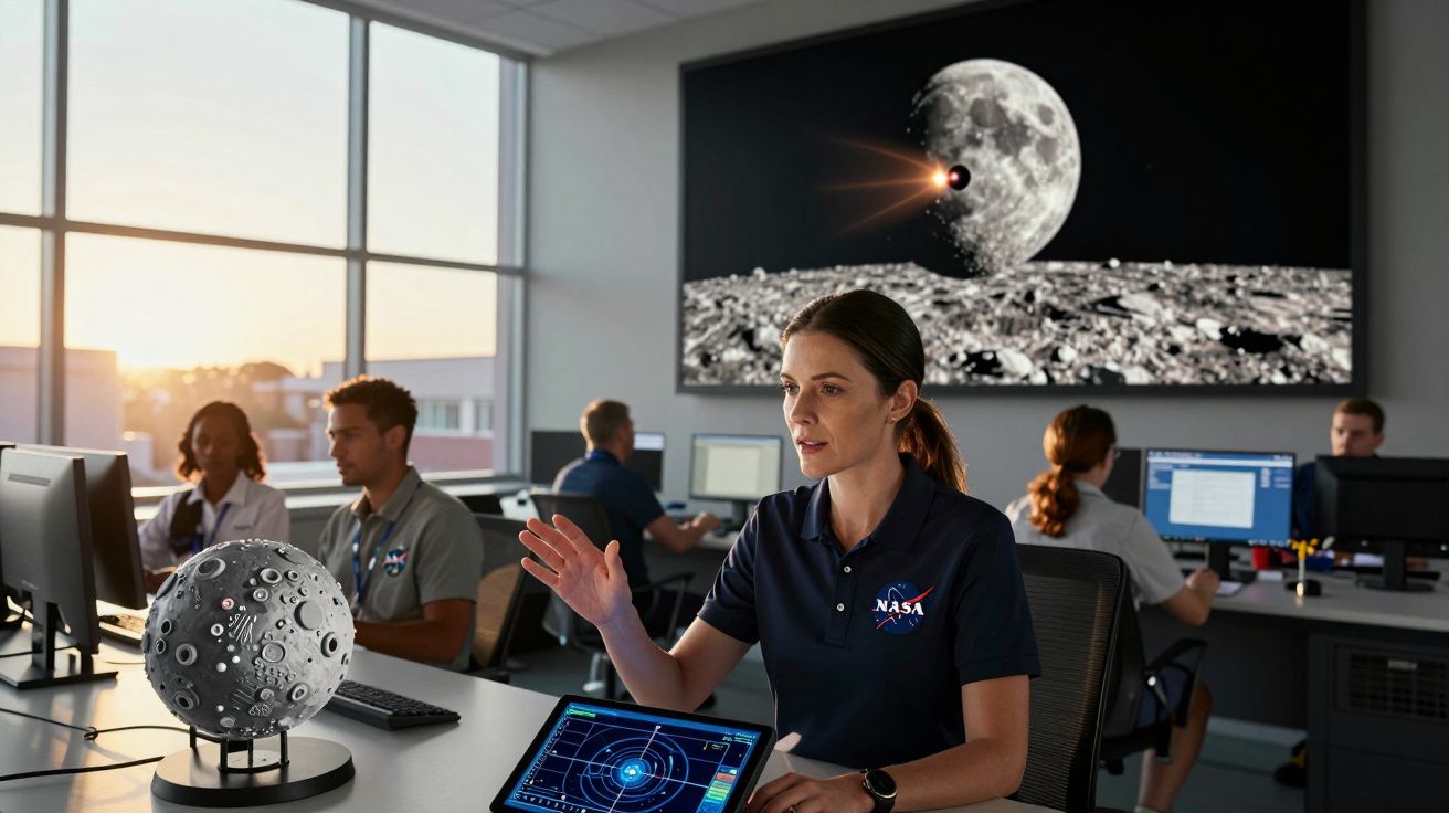 Funcionária da NASA numa sala de controlo, com modelo da Lua e ecrã a mostrar impacto lunar.