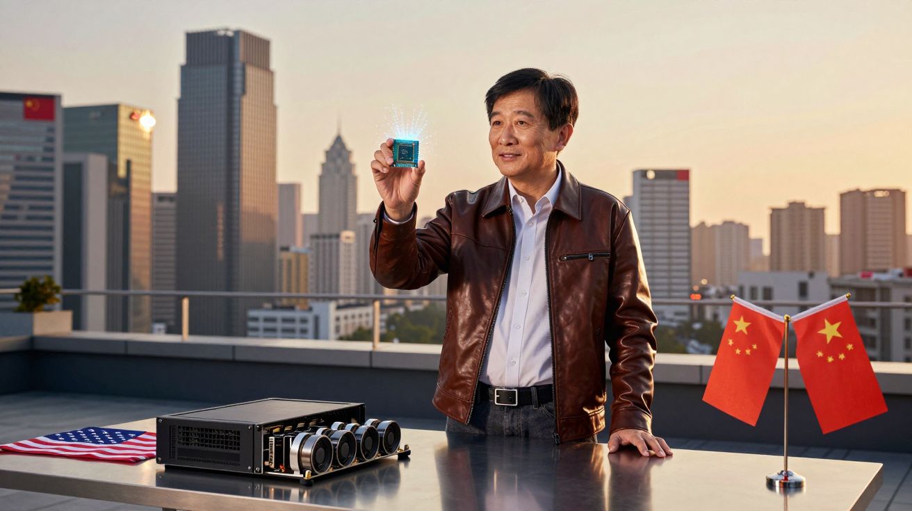 Homem em casaco de couro segura chip de computador em terraço com bandeiras da China e EUA ao fundo.