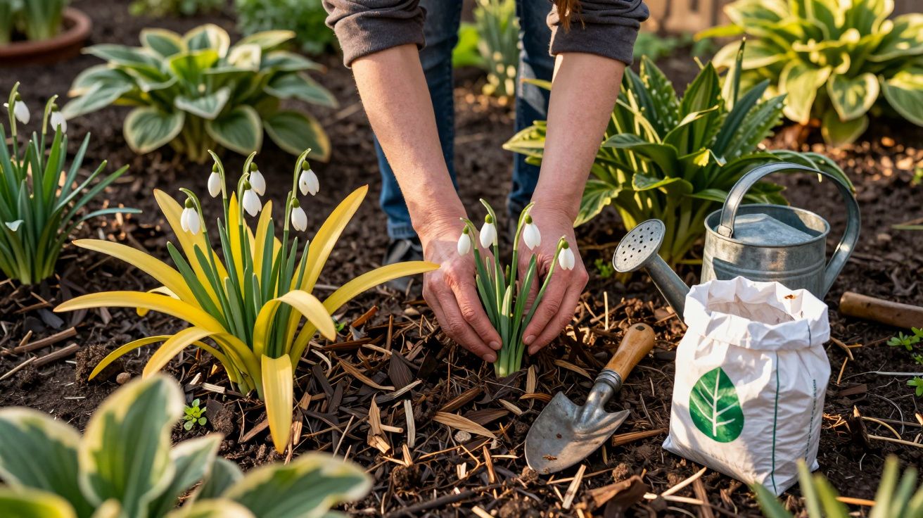 Pessoa a plantar bolbos de flores brancas no jardim, com regador, pá e saco de terra à volta.