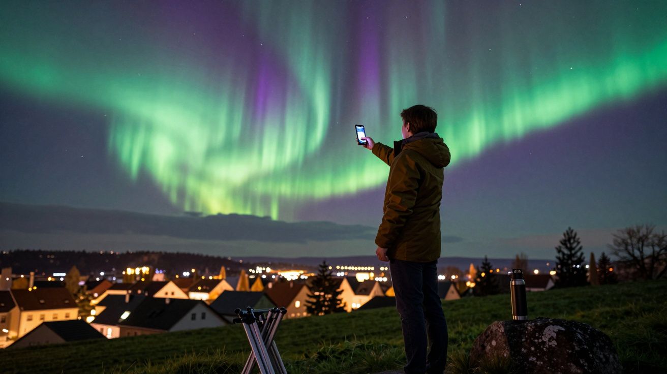 Pessoa de casaco verde a fotografar a aurora boreal sobre uma vila durante a noite.