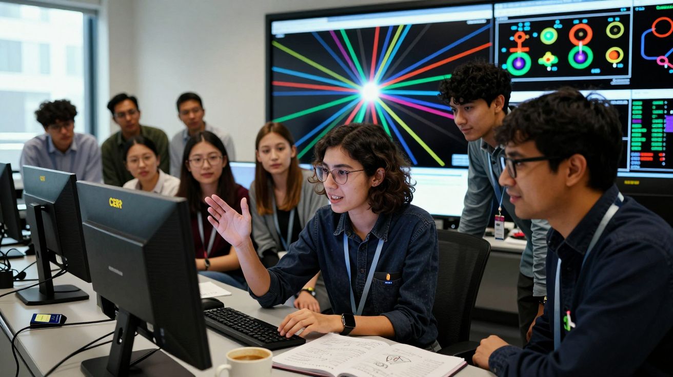 Grupo de jovens a colaborar em projeto tecnológico com computadores e ecrãs a mostrar gráficos coloridos.