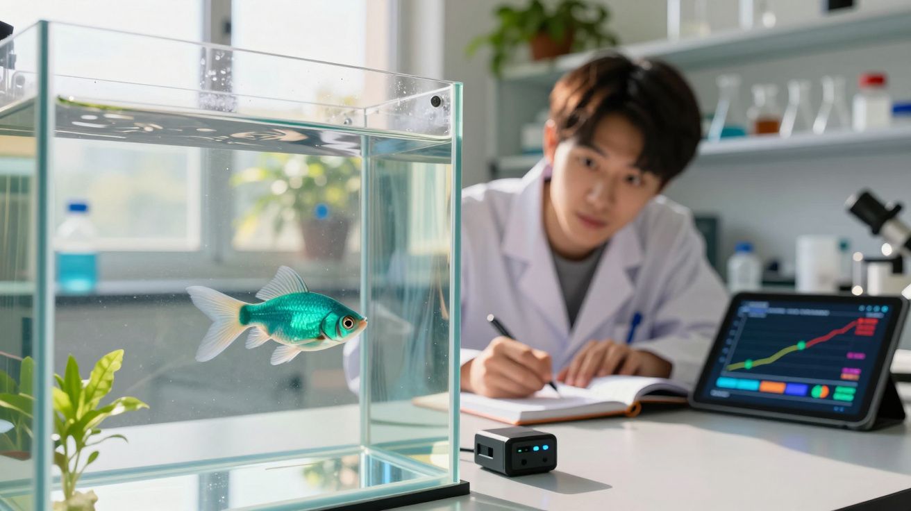 Peixe dourado num aquário com investigador a fazer anotações e ecrã digital com gráficos numa mesa de laboratório.