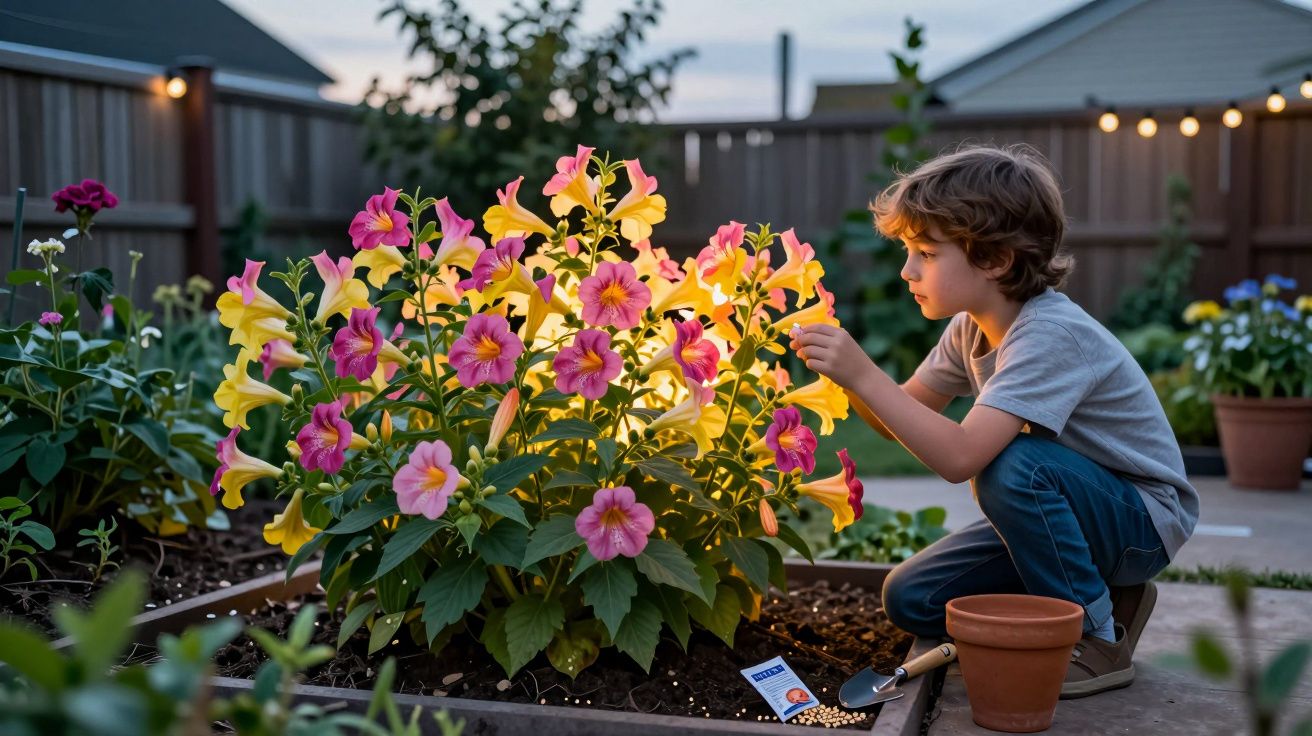 Menino a cuidar de flores rosa e amarelas num jardim à noite com luzes ambiente.