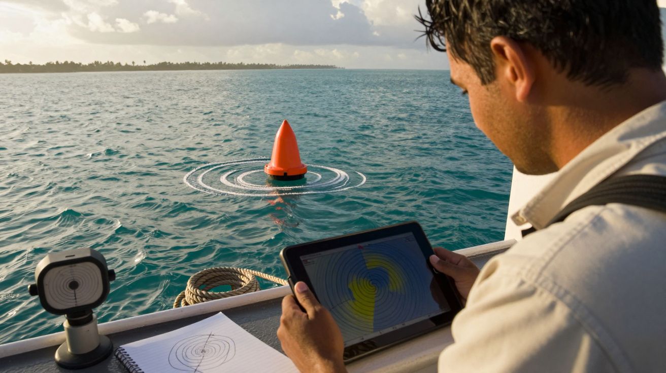 Homem num barco a analisar dados em tablet com bóia laranja e mar ao fundo durante o dia.