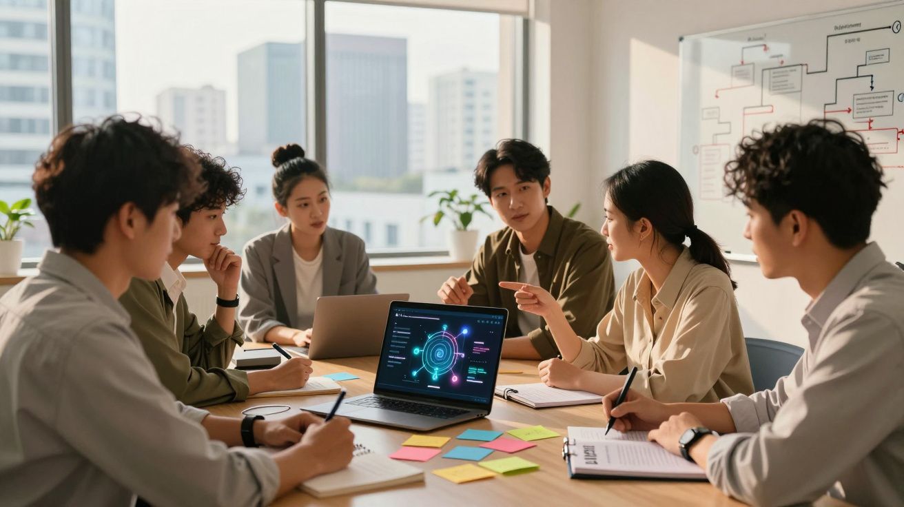 Grupo de jovens em reunião de trabalho, analisando dados no portátil numa sala iluminada.