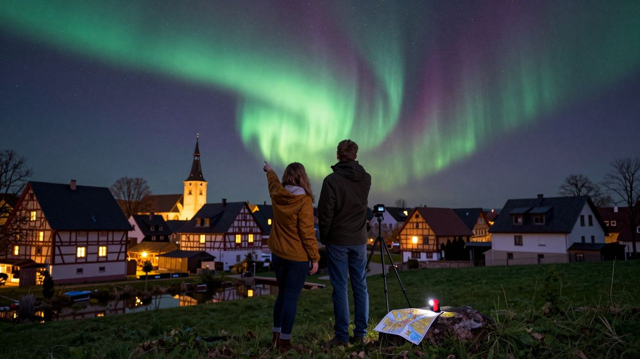 Casal observa aurora boreal sobre aldeia iluminada durante a noite, com mapa e tripé no chão à sua frente.