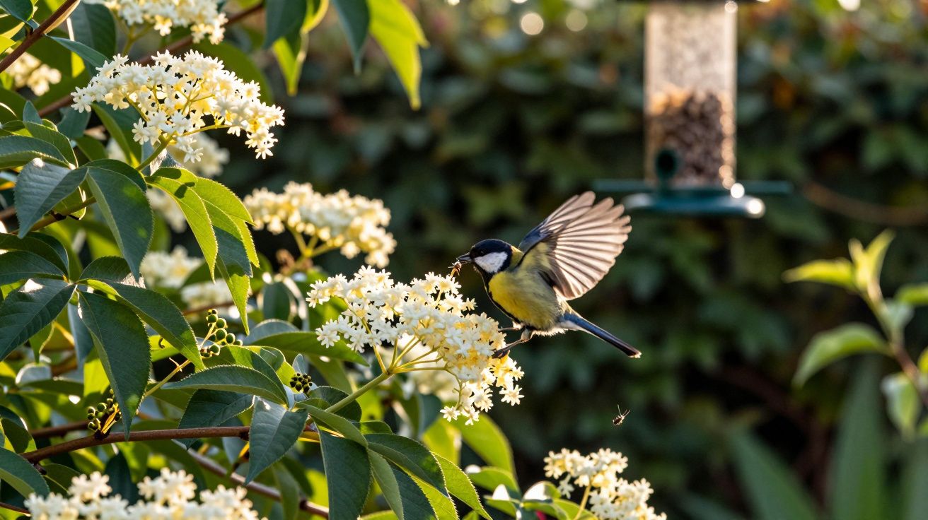 Pássaro com asas abertas pousado em flores brancas num jardim iluminado pela luz do sol.