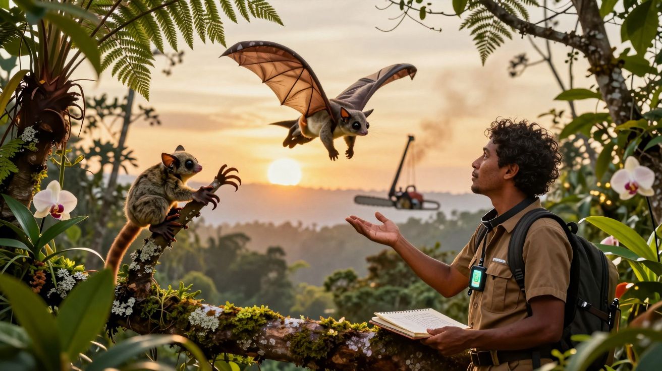 Homem com mochila interage com dois mamíferos voadores num ambiente natural ao pôr do sol.