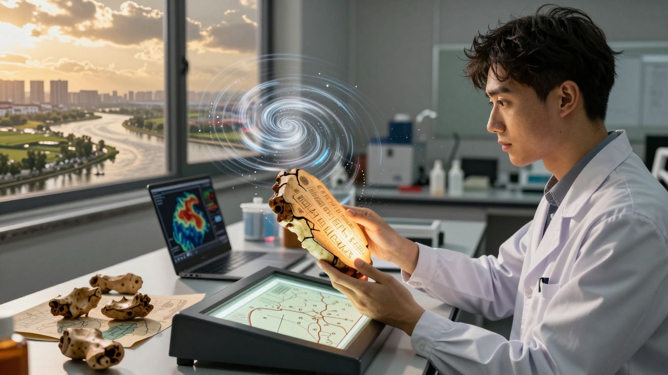 Homem em bata branca analisa crânio antigo com efeitos digitais num laboratório moderno com vista urbana.