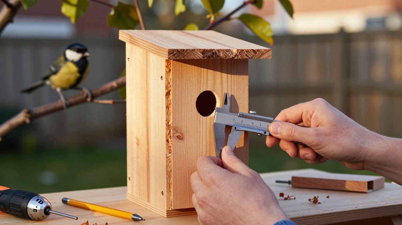 Pessoa a medir a entrada de um ninho de madeira com um paquímetro, com um pássaro numa árvore ao fundo.