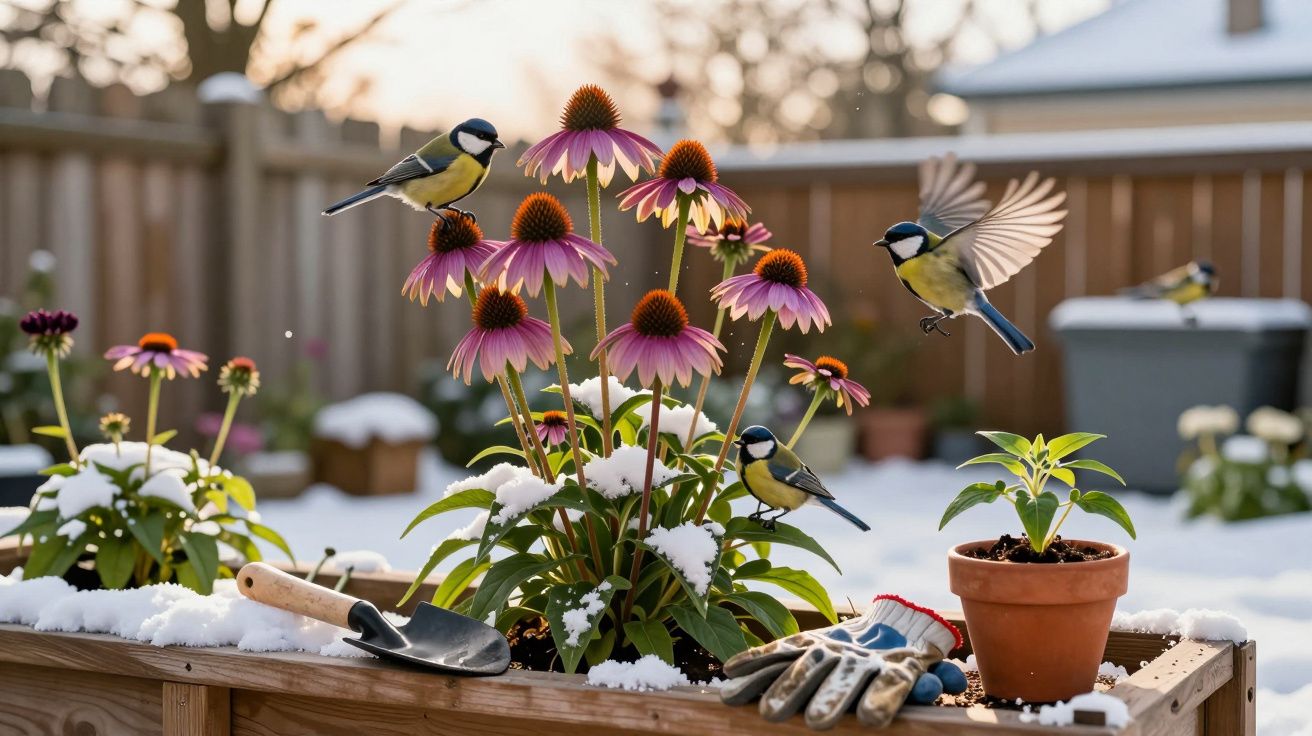 Três pássaros sobre flores roxas num canteiro com neve, luvas e enxada num jardim exterior.
