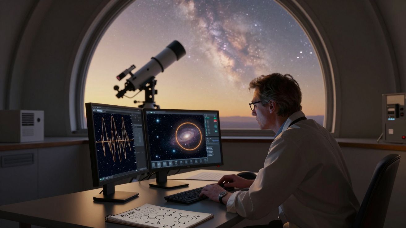 Astrónomo num observatório analisa dados e imagens de galáxias em dois monitores, com telescópio e céu estrelado ao fundo.
