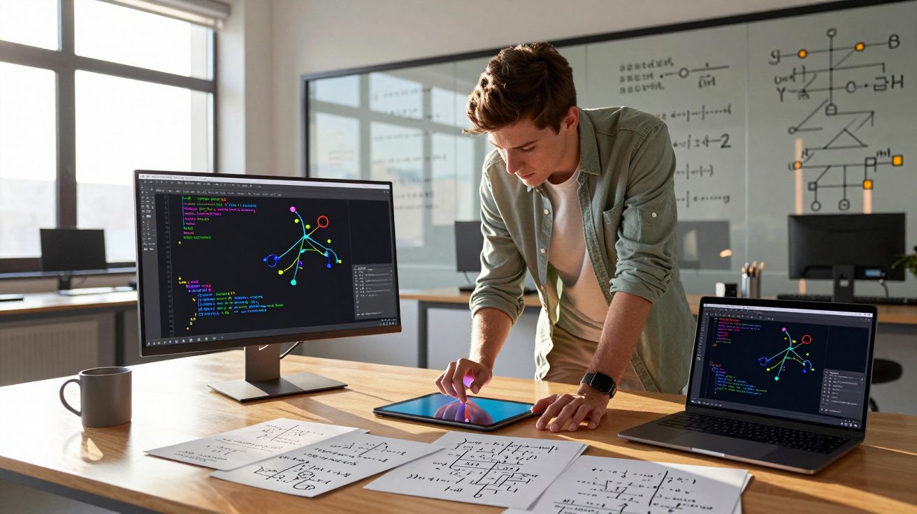 Jovem a trabalhar com código e matemática em computador, tablet e papéis numa mesa de escritório iluminada.