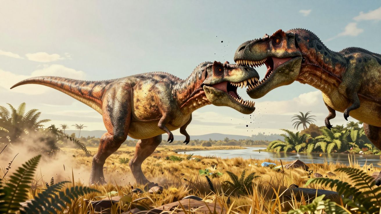 Dois dinossauros Tyrannosaurus rex enfrentam-se numa paisagem selvagem sob um céu claro.