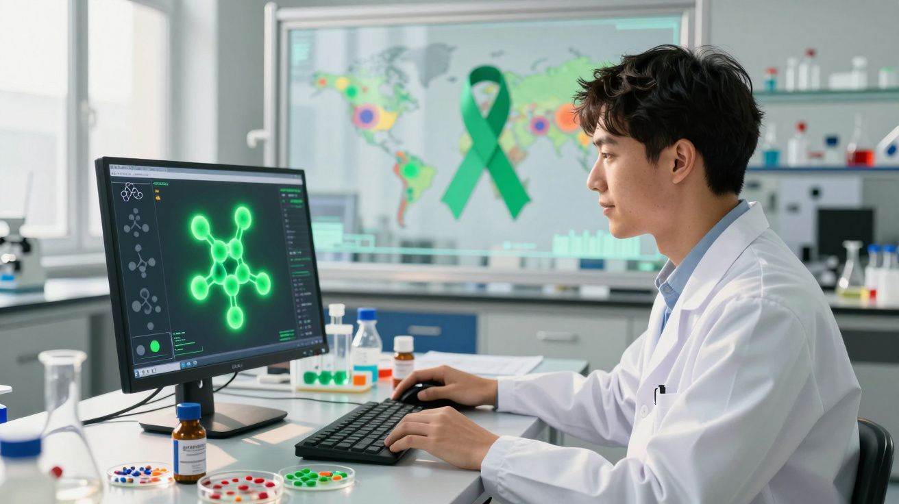 Cientista a trabalhar em computador com modelo molecular verde num laboratório com amostras e fita verde no fundo.