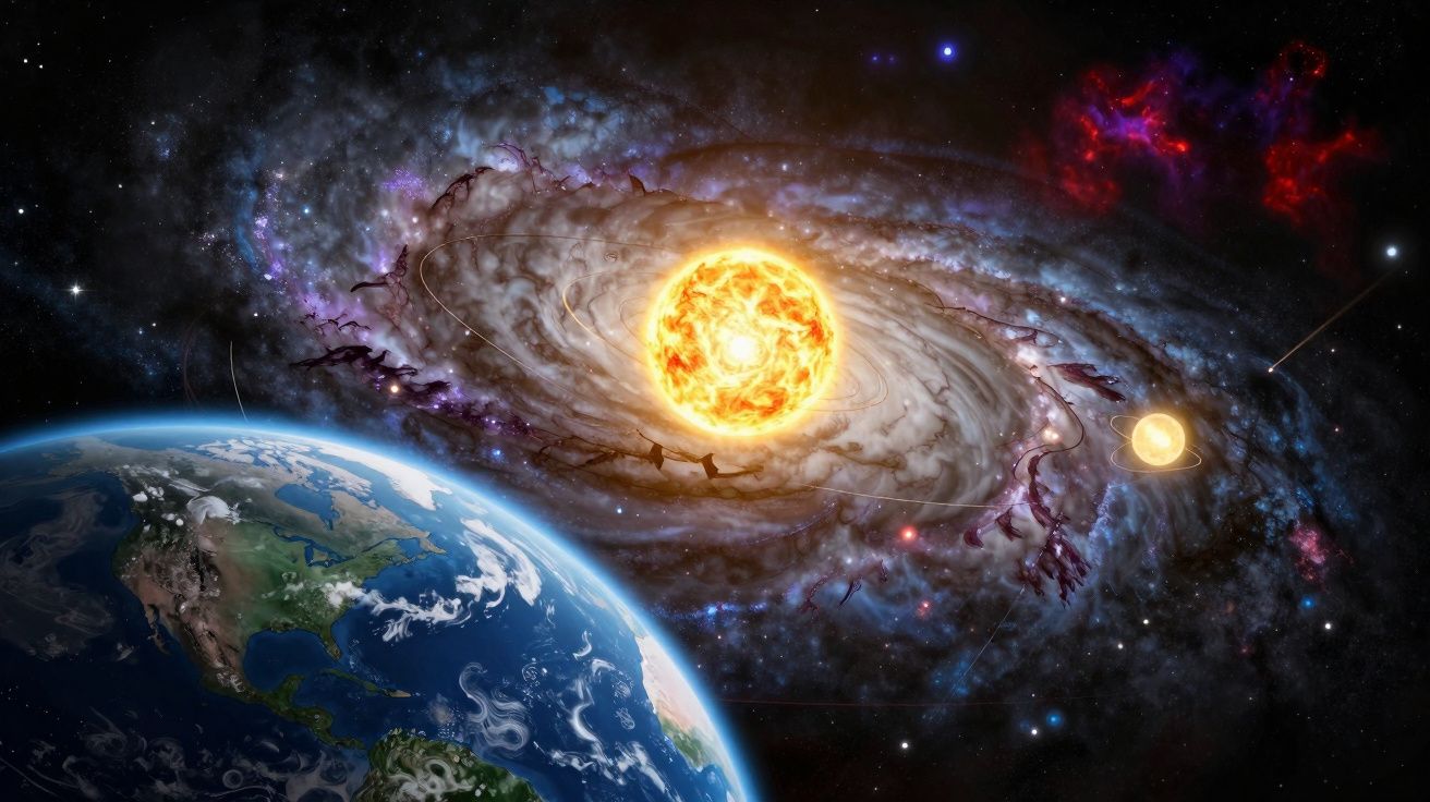 Planeta Terra em primeiro plano com uma galáxia e um sol brilhante ao fundo no espaço.