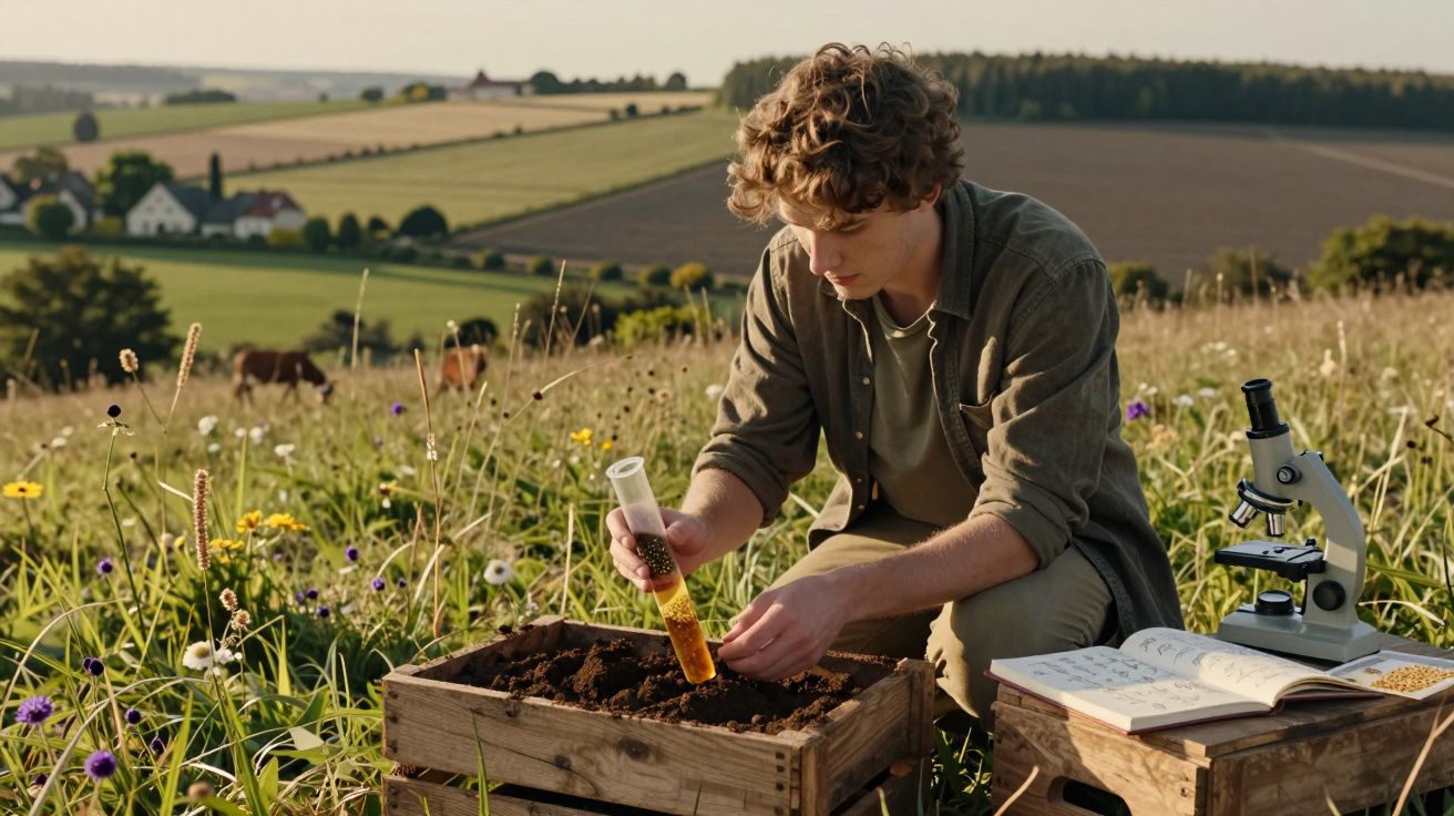 Jovem cientista analisa amostra de solo com tubos de ensaio e micróbio ao ar livre numa paisagem rural.