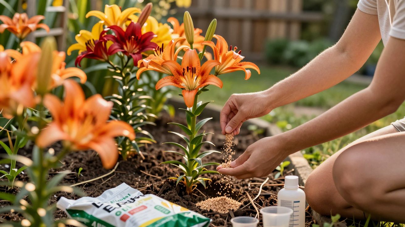Pessoa a fertilizar flores de lírio laranja num jardim ensolarado, com saco de fertilizante aberto ao lado.