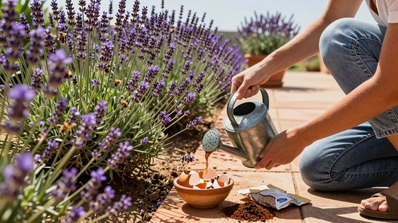 Pessoa a regar plantas de lavanda junto a cascas de ovos num jardim exterior ensolarado.