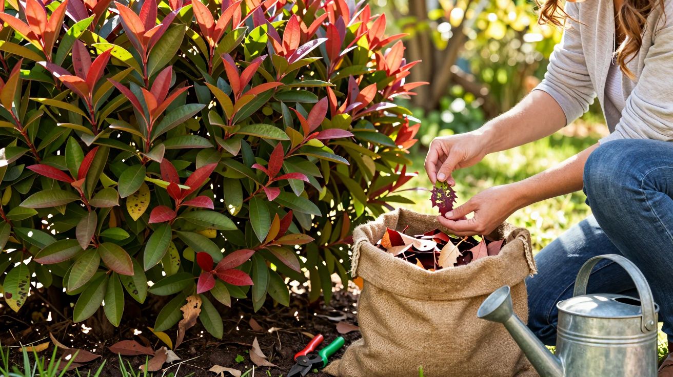 Pessoa a apanhar folhas caídas junto a arbusto com folhas verdes e vermelhas, ao lado regador e tesouras de poda.