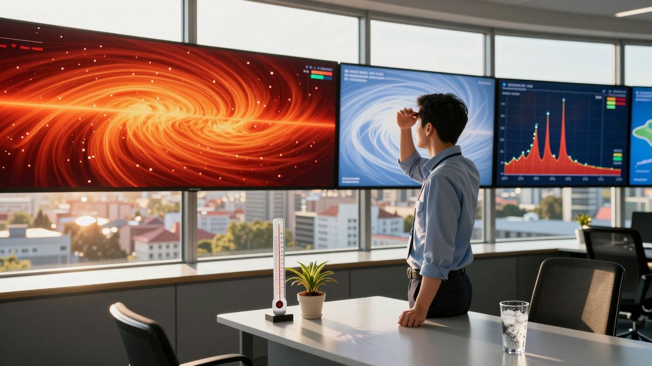 Homem de negócios observa ecrãs com gráficos e imagens digitais numa sala de escritório moderna.