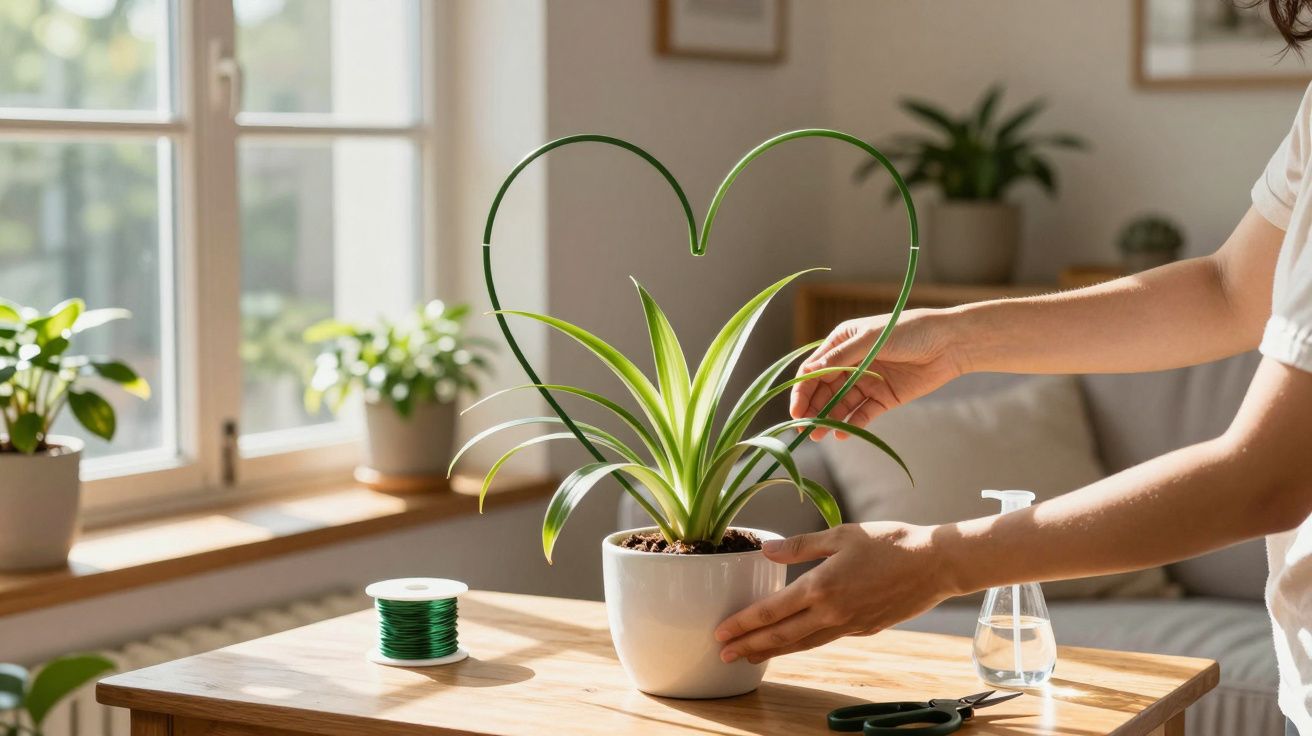 Pessoa a cuidar de planta dentro de vaso com suporte em forma de coração numa sala iluminada.