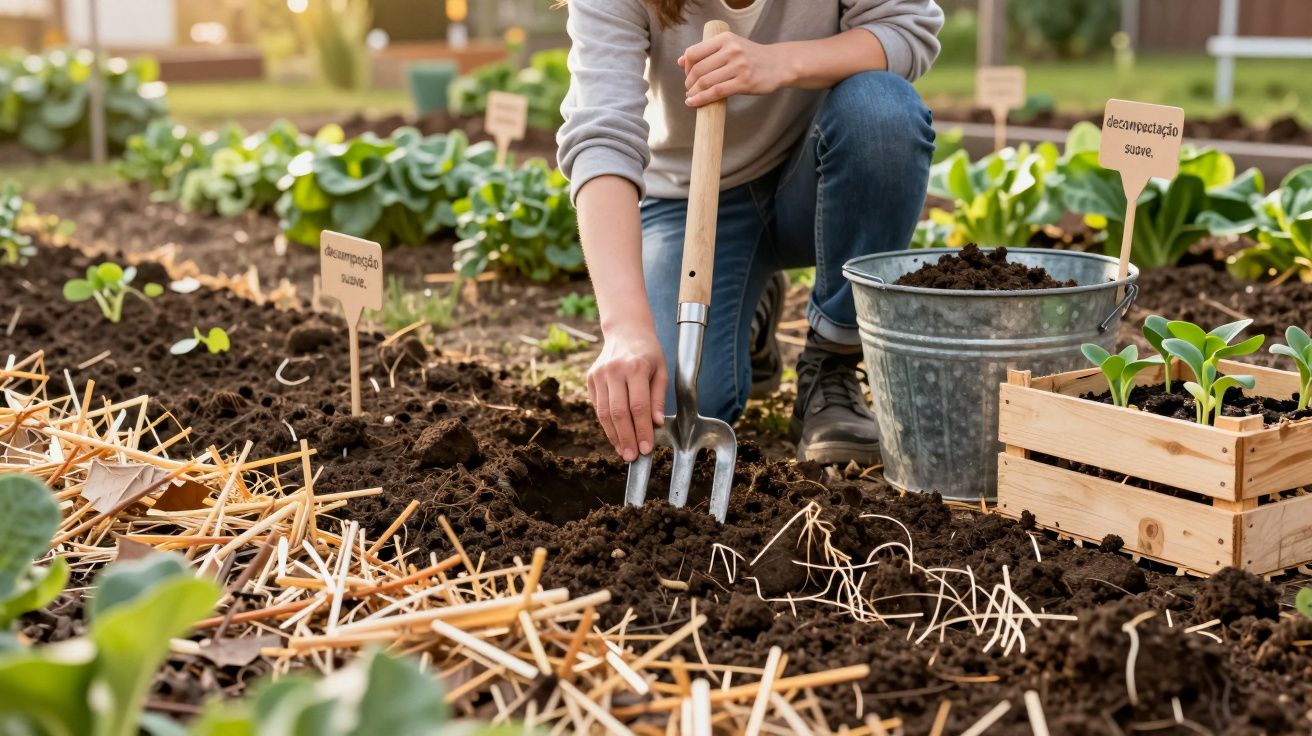 Pessoa a preparar o solo com enxada numa horta com plantas e caixote de madeira com mudas.