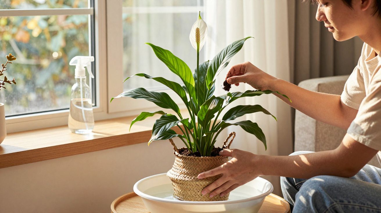 Pessoa a colocar terra numa planta verde com flor branca dentro de um vaso de palha junto a uma janela.