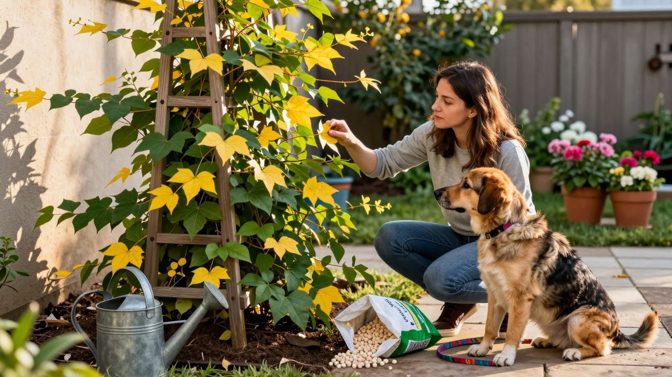 Mulher a cuidar de planta trepadeira num jardim com cão ao lado e regador no chão.