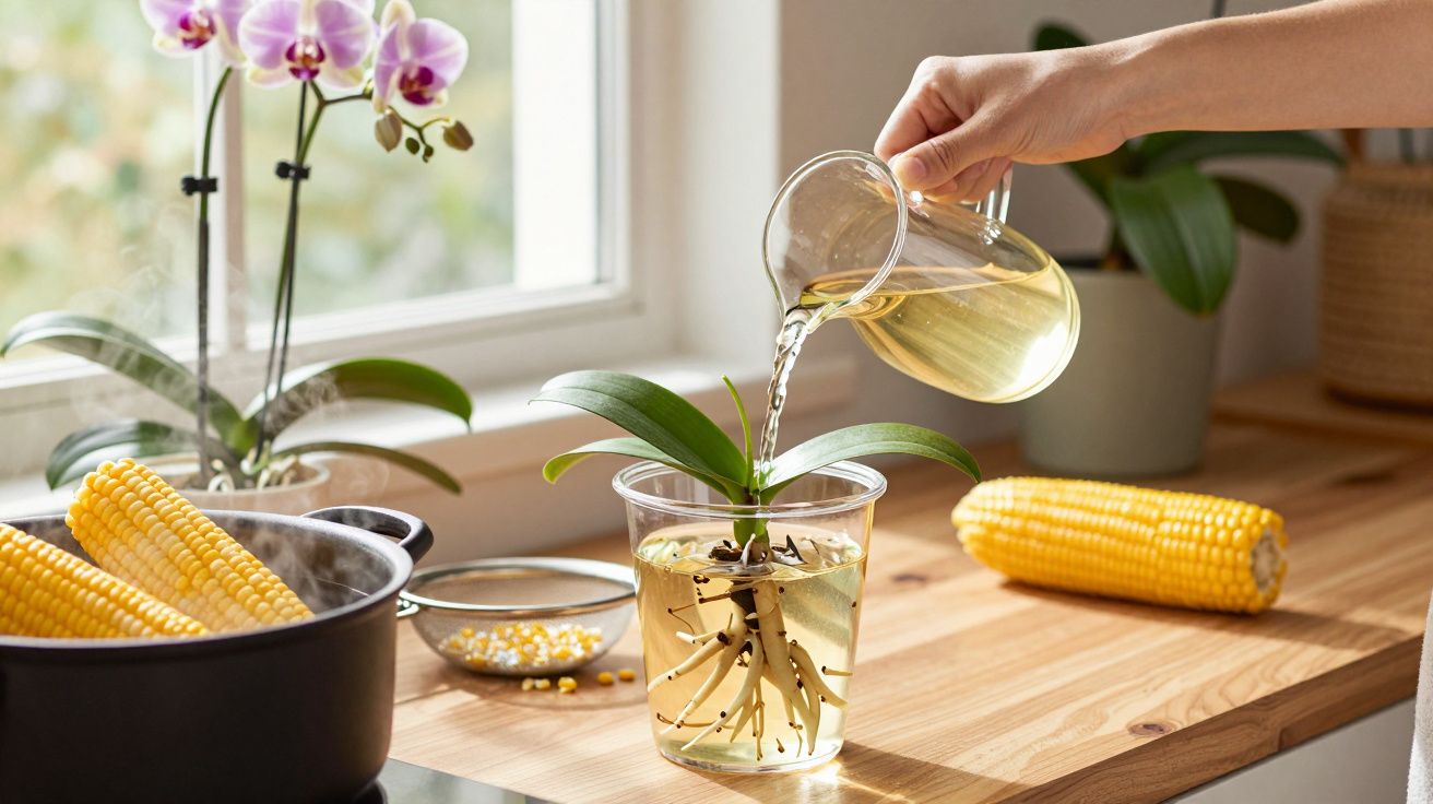 Pessoa a regar orquídea em copo com água, ao lado de espigas de milho numa cozinha iluminada.