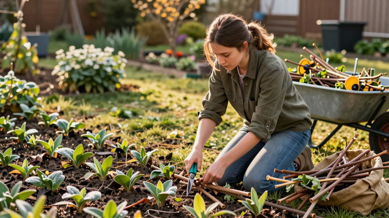 Mulher a podar plantas jovens num jardim com carrinho de mão e varas de suporte ao lado.