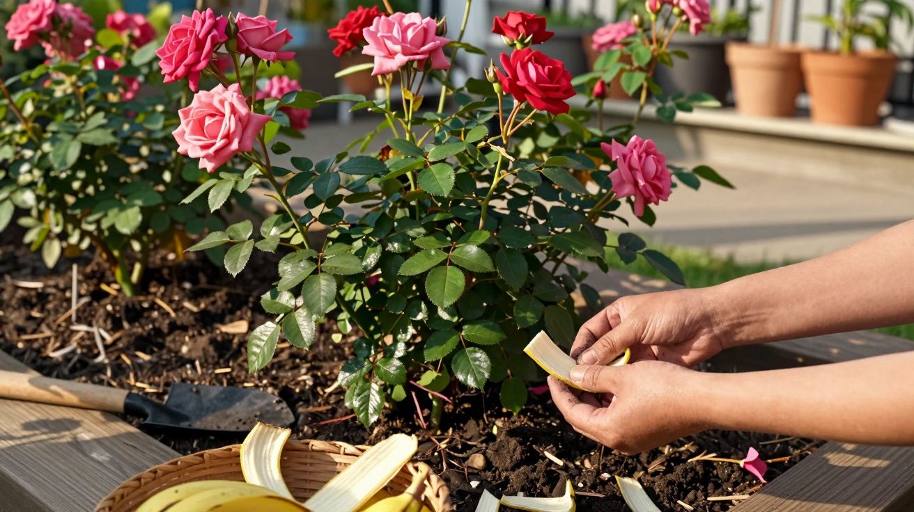 Mãos a aplicar casca de banana como fertilizante numa roseira com rosas cor-de-rosa e vermelhas.