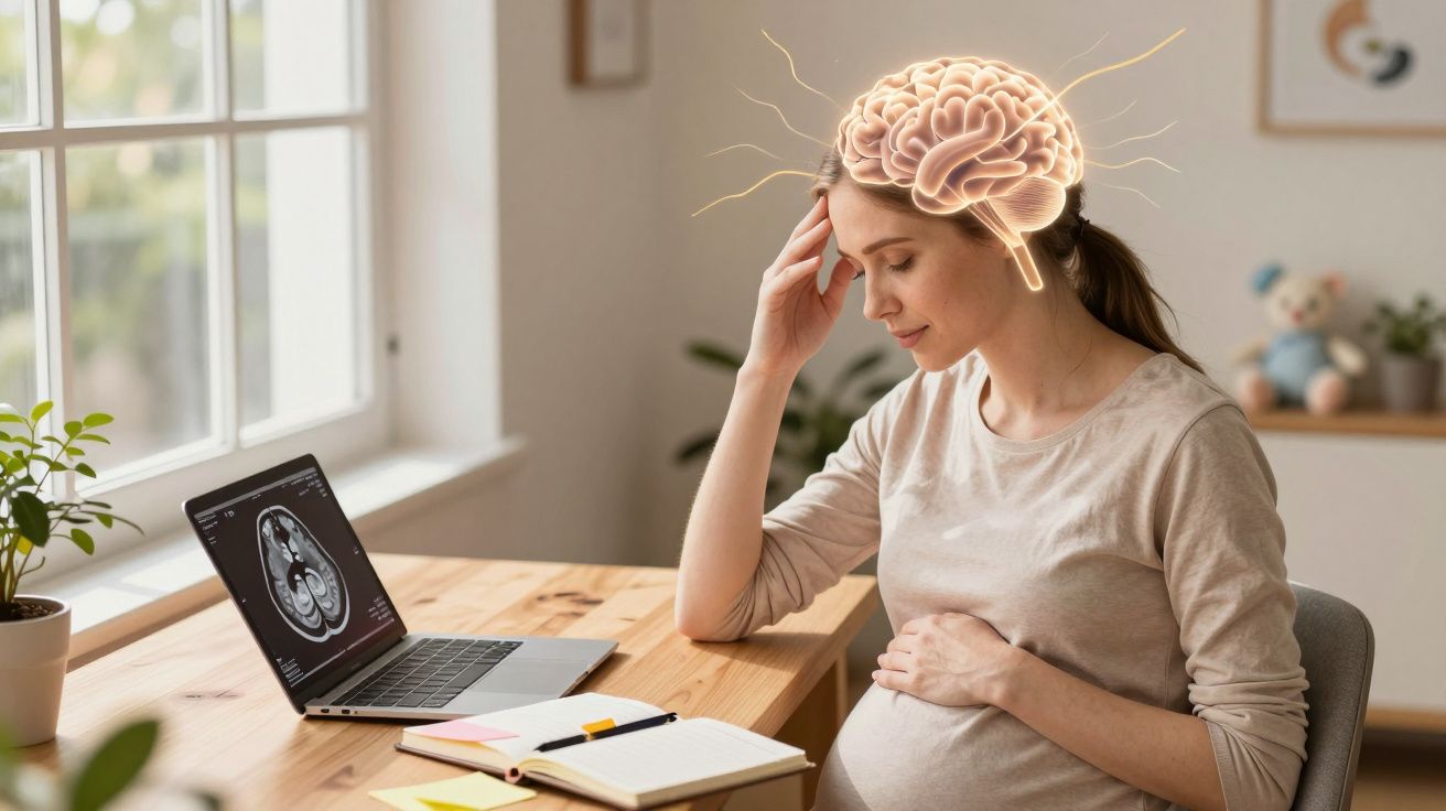 Mulher grávida sentada a pensar com imagem digital de cérebro sobre a cabeça e ressonância magnética no portátil.