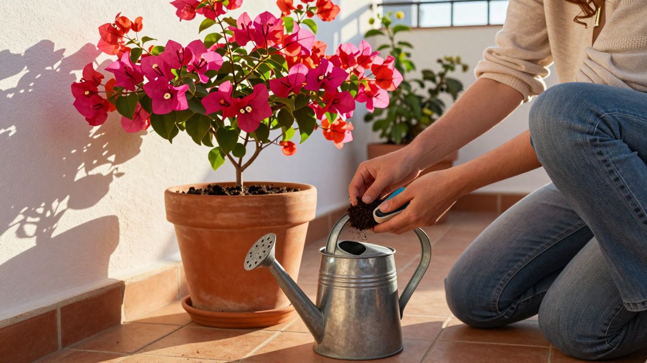 Pessoa a colocar terra num regador junto a vaso com flores cor de rosa num jardim interior iluminado.