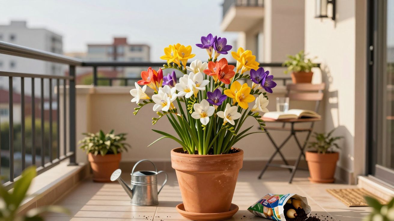 Vaso de flores coloridas num terraço com regador, cadeira, mesa e saco de terra espalhada pelo chão.