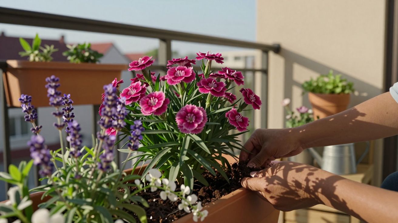 Mãos a cuidar de flores rosas e violetas num vaso num terraço com luz solar.