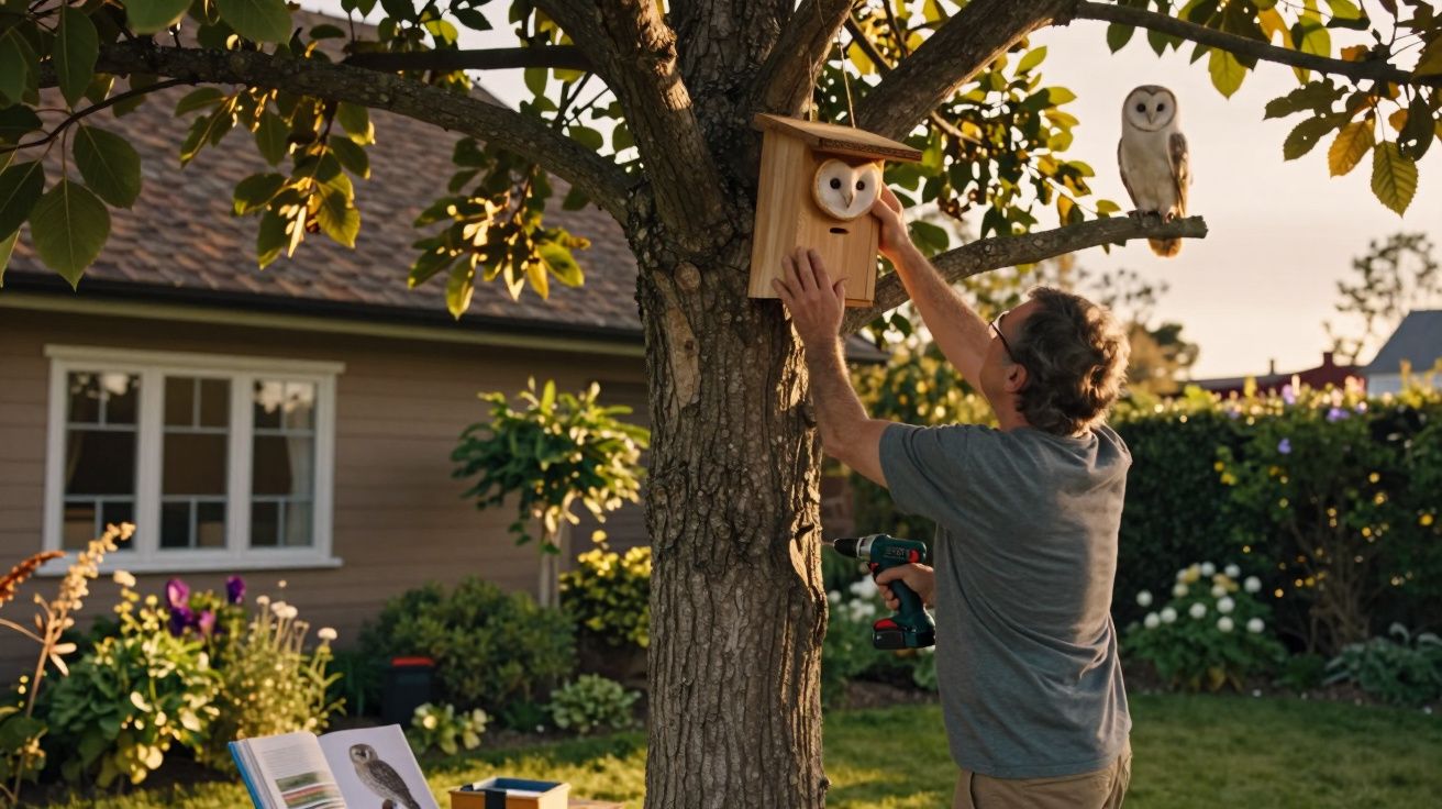 Homem instala casa de coruja numa árvore enquanto duas corujas observam num jardim ao entardecer.