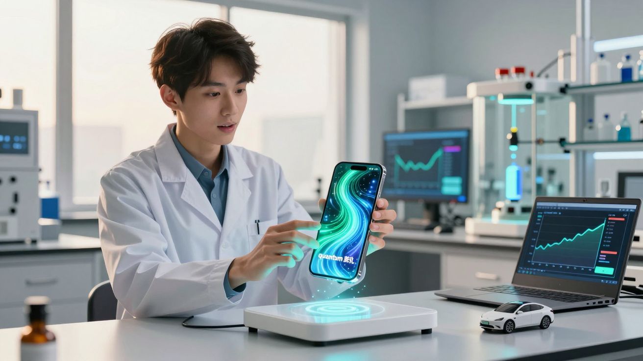 Cientista em laboratório a usar telemóvel com projeção holográfica, com gráficos em ecrãs no fundo.