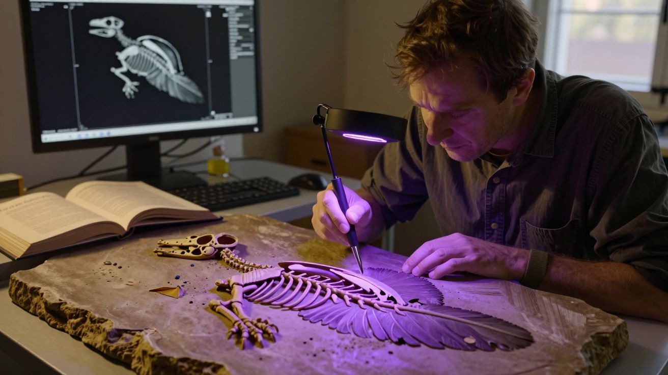 Cientista a restaurar fóssil de pássaro com luz ultravioleta numa mesa, com monitor e livro ao fundo.