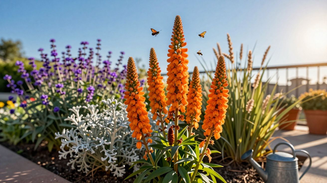 Flores laranja em vaso de jardim com abelhas e regador ao ar livre sob luz solar.