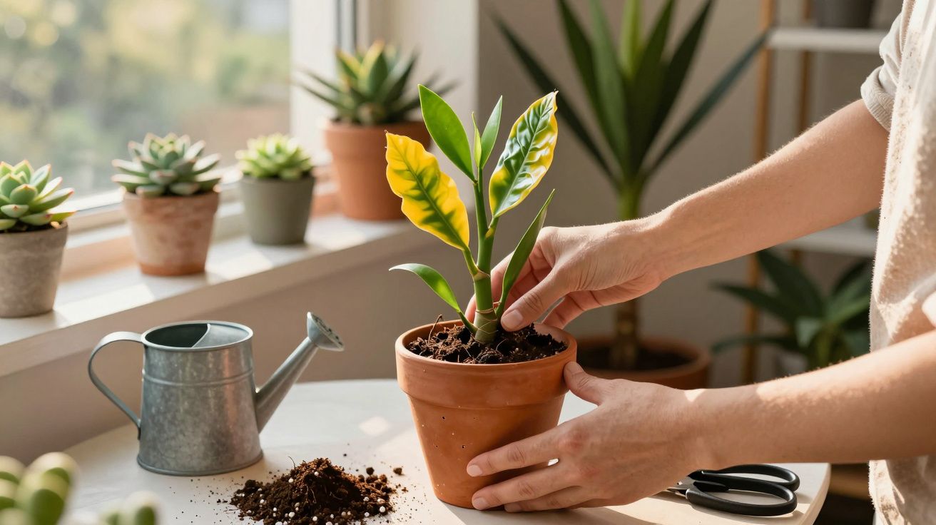 Mãos a cuidar de planta com folhas verdes e amarelas em vaso de barro em mesa junto a janela com outras plantas.