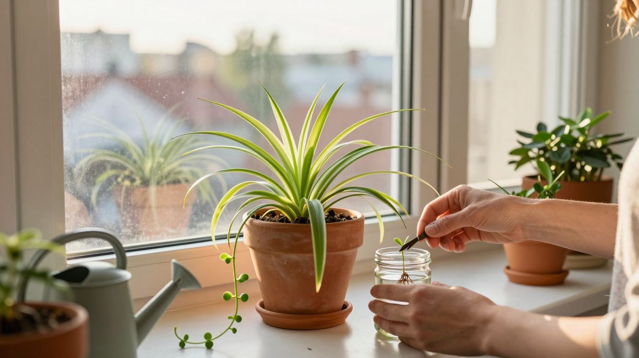 Mãos seguram pinça com muda, ao lado de plantas em vasos na janela iluminada pela luz do dia.