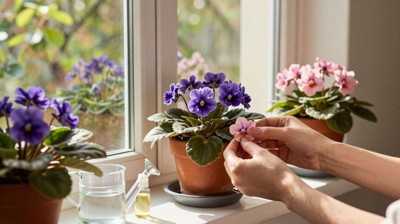 Mãos a cuidar de violetas em vasos na janela, com regador e óleo em spray ao lado.