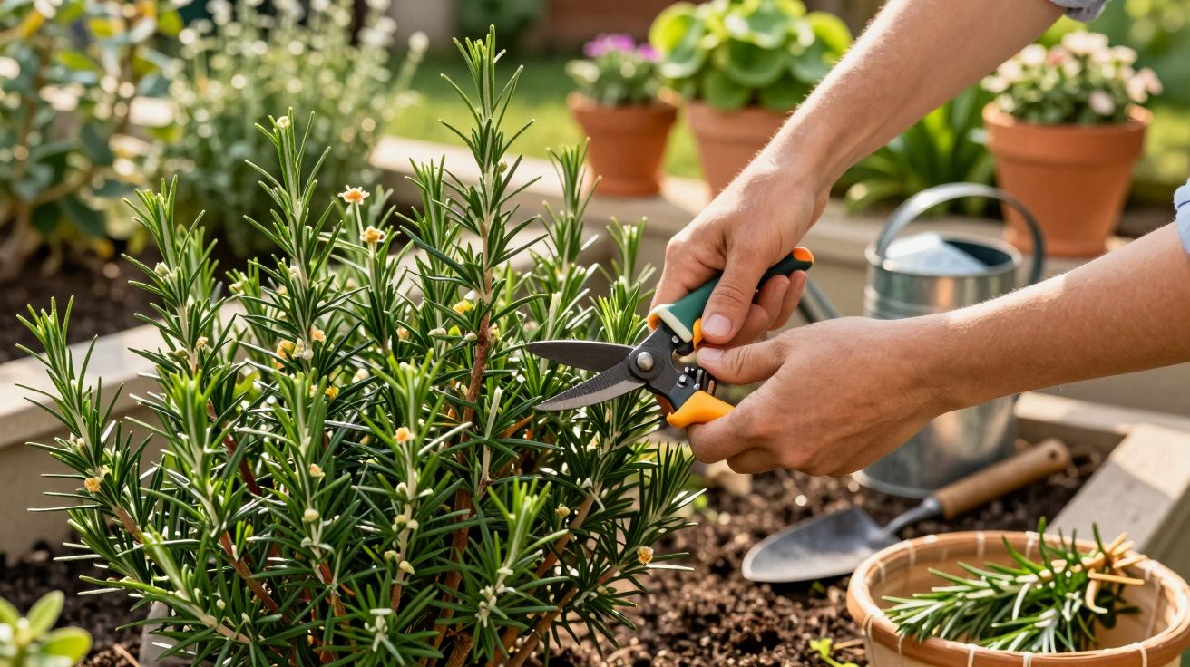 Mãos a podar um arbusto de alecrim com uma tesoura de jardim num canteiro com terra e plantas.
