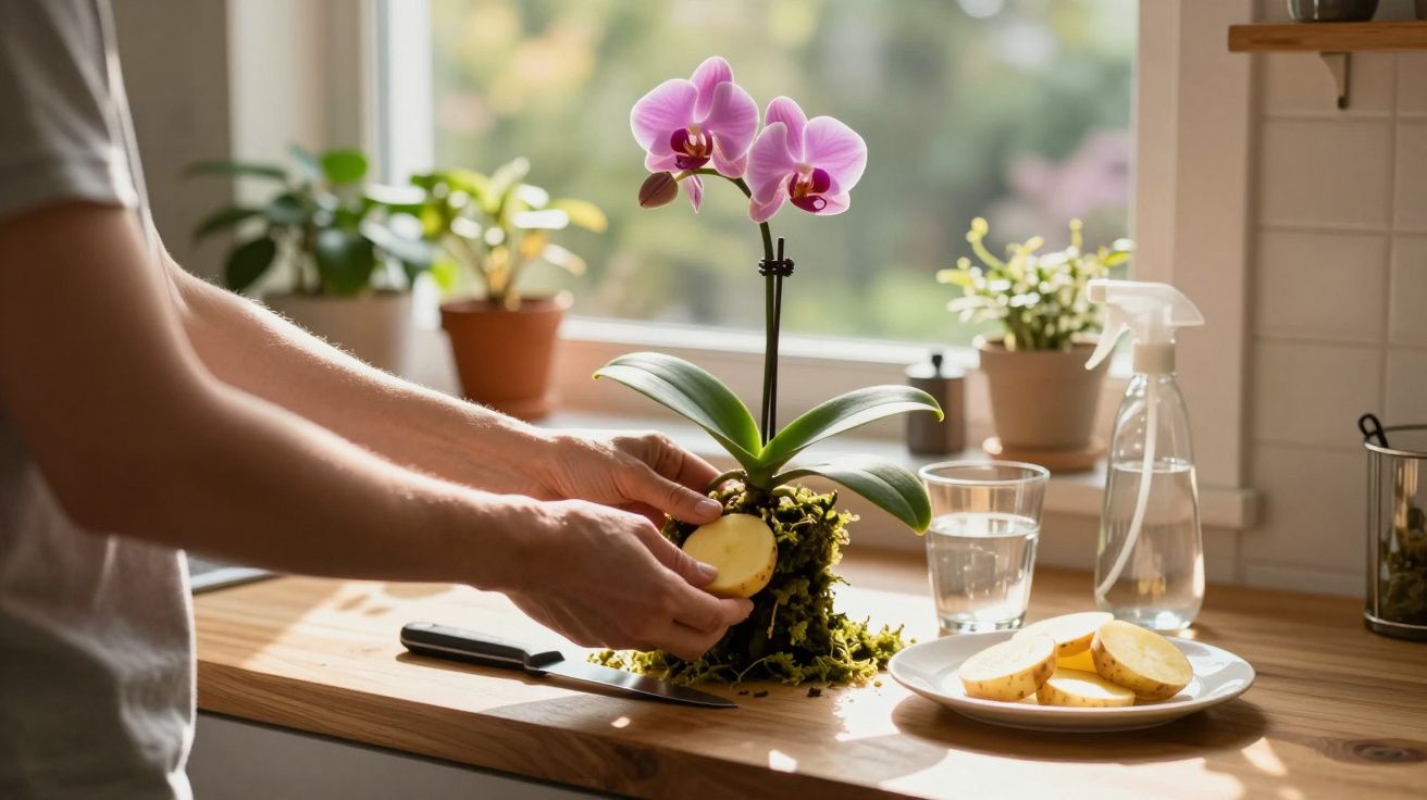 Pessoa a cuidar de uma orquídea rosa e a usar batatas na planta numa bancada de cozinha.