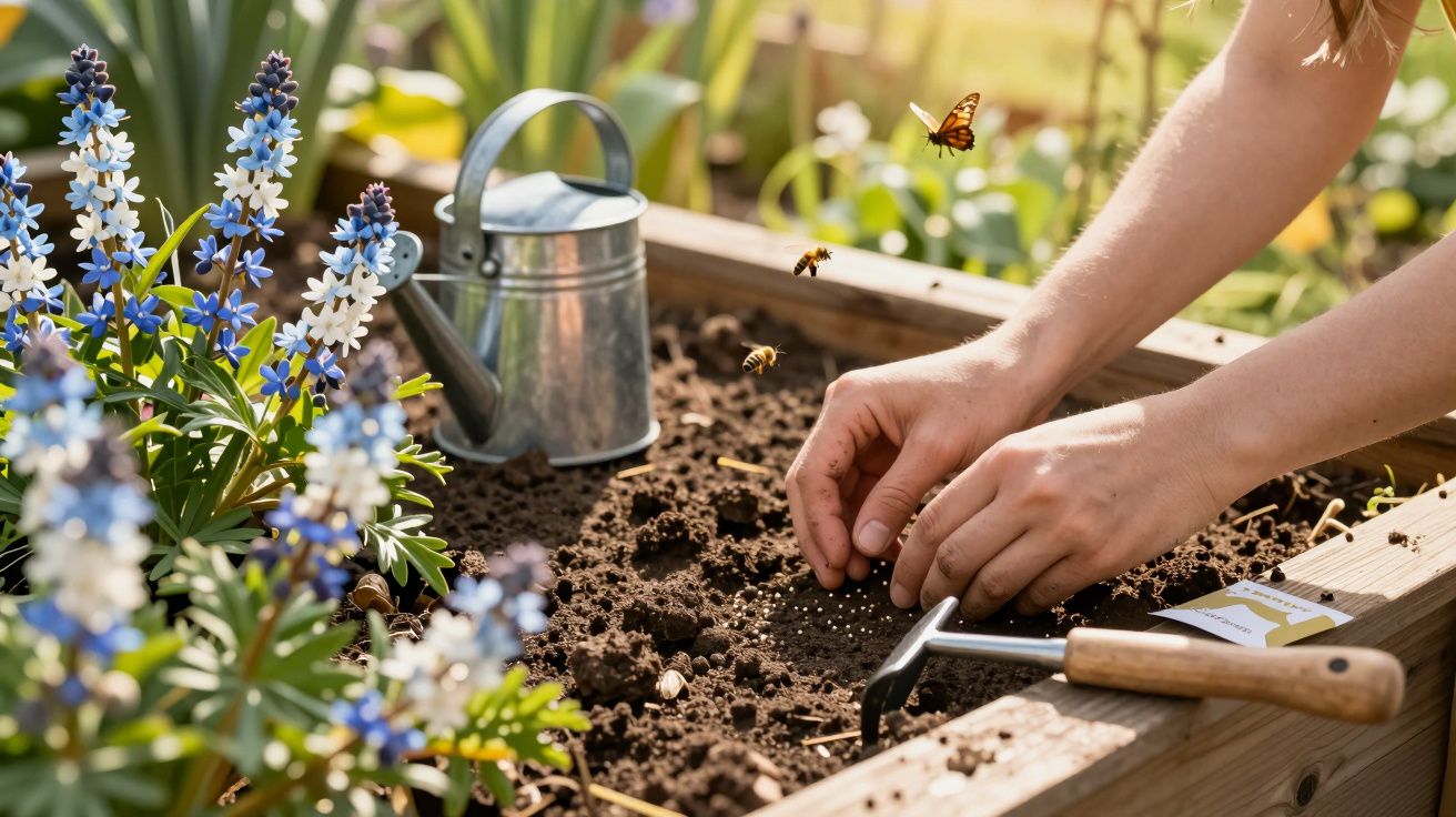Mãos a semear sementes em canteiro de madeira com flores azuis, regador e insetos a voar ao sol.