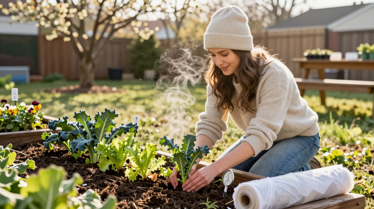 Mulher a cuidar de plantas verdes num jardim, com iluminação suave e chapéu de lã bege.