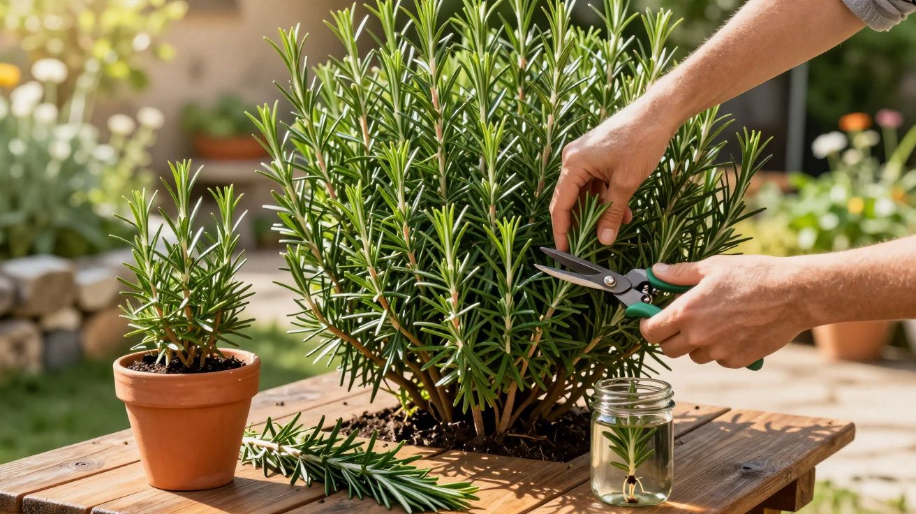 Pessoa a podar alecrim num vaso, com ramo colocado num frasco de vidro sobre mesa de madeira ao ar livre.
